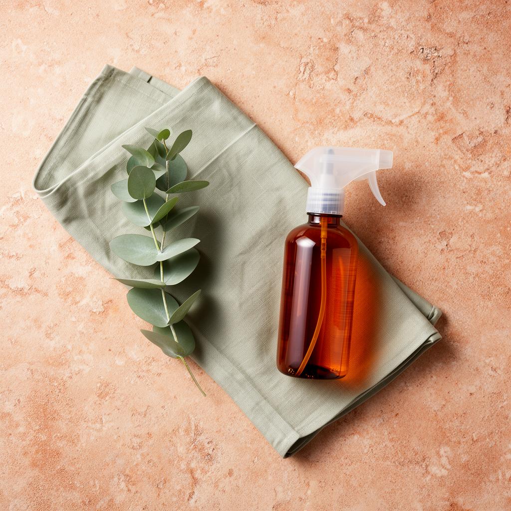 Productos de limpieza profesionales sobre paño verde salvia